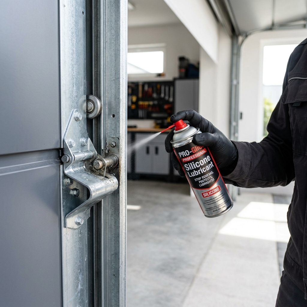 Spraying professional silicone lubricant on a garage door hinge