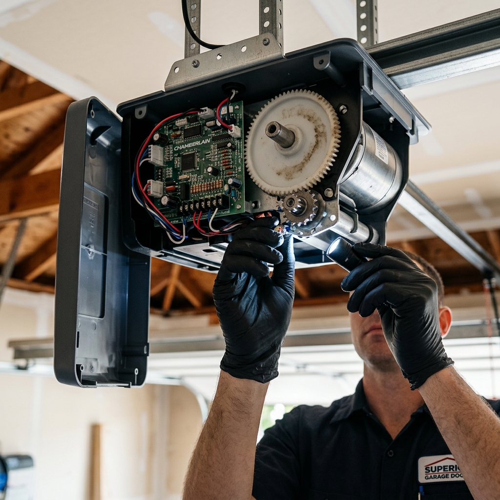 Internal gears and circuit board of an open garage door opener