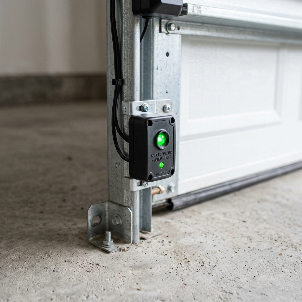 Garage door safety sensor with green LED light aligned near floor