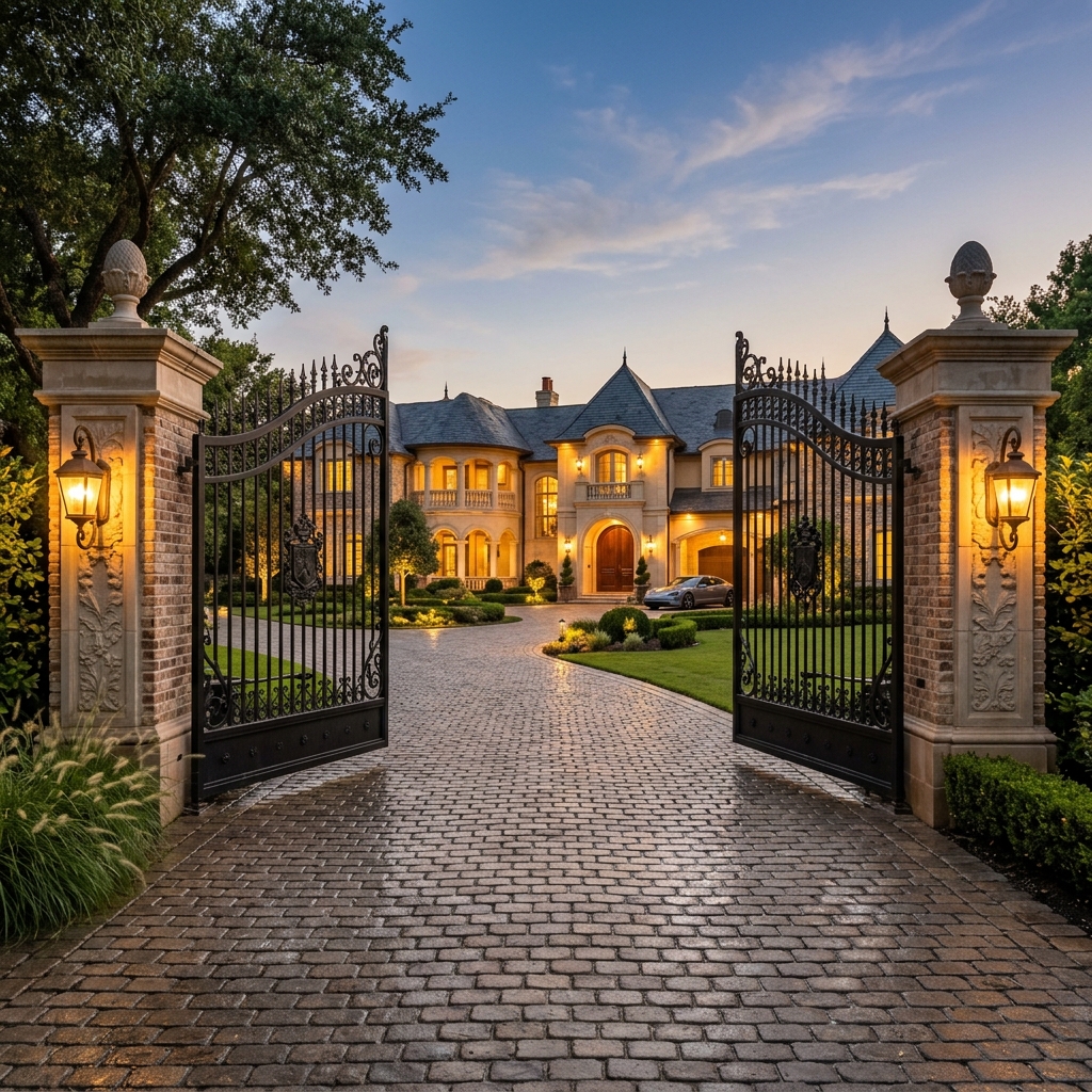 Mansion entrance with automated dual-swing iron gates